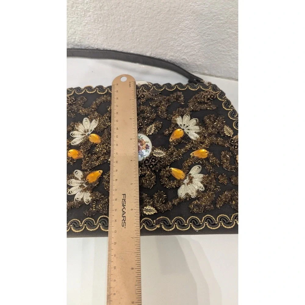 Vintage 1950s Black Beaded Evening‎ Bag Amber Floral Cabochon Frame Purse